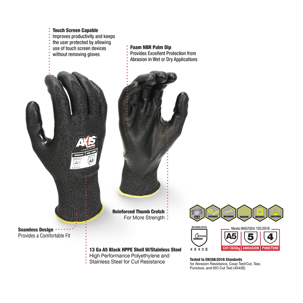 Radians RWG535 HPPE Cut Level A5 Touchscreen Reinforced Thumb Crotch Work Glove
